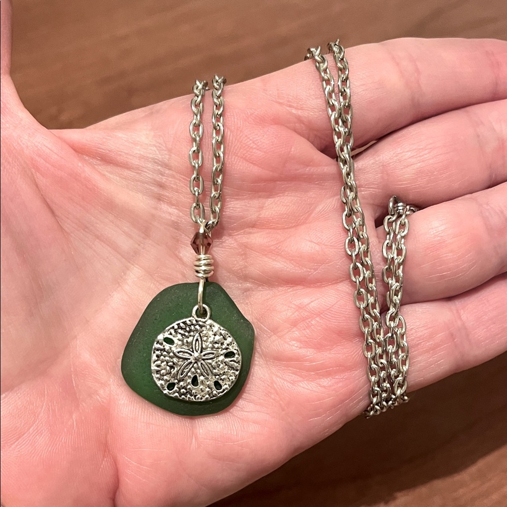 Green Sea Glass and Silver Toned Sand Dollar Pendant Necklace, 28”